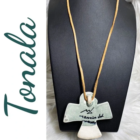 Vintage Signed Tonala Mexico Ceramic Thunderbird Pendant Necklace Folk Art - Picture 5 of 8